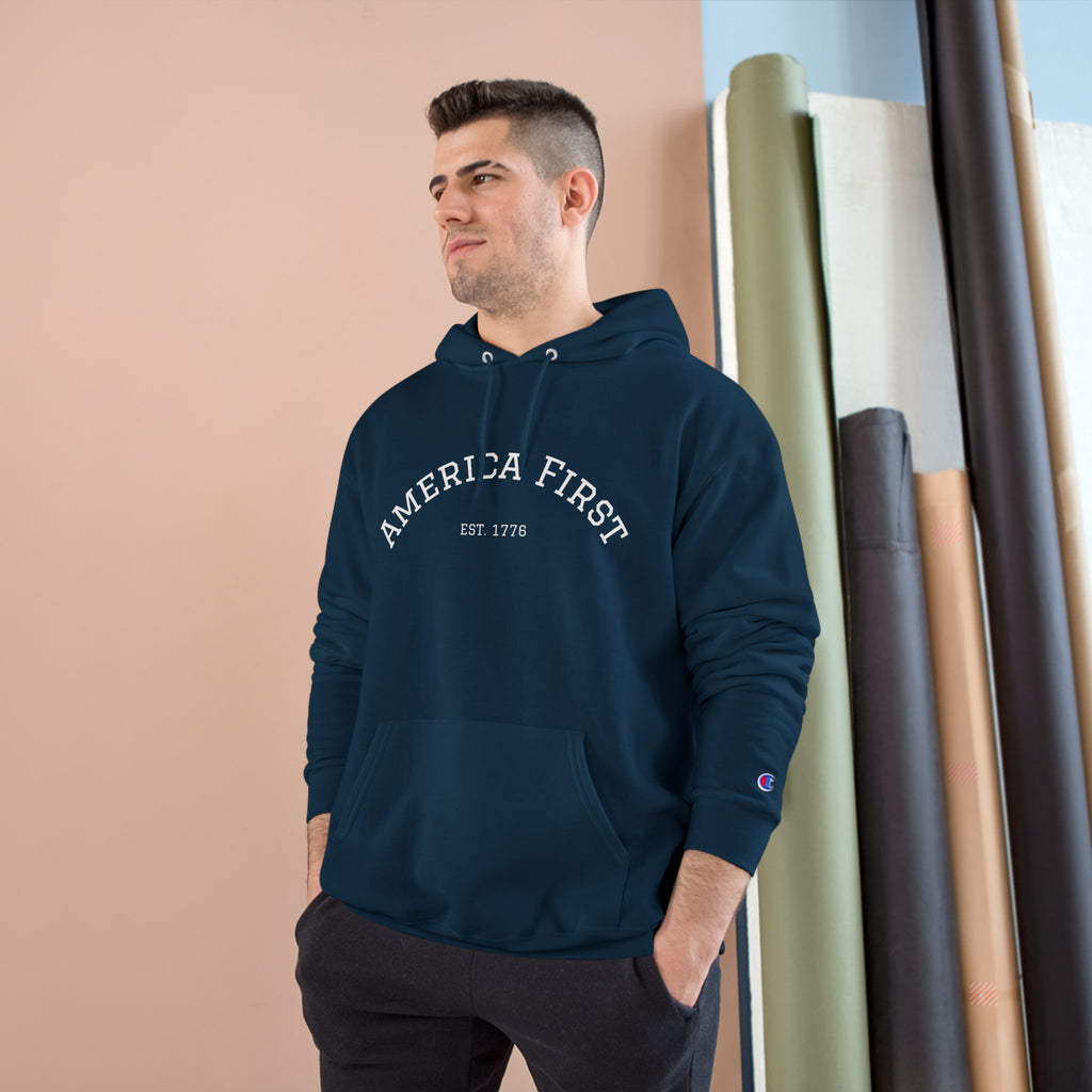 America First Hoodie — White Champion-Style Pullover