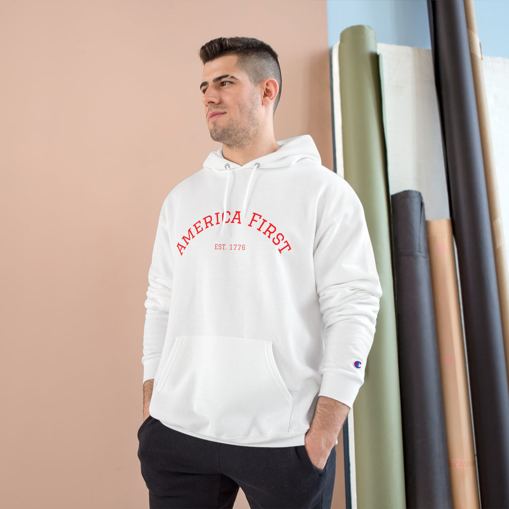 America First Hoodie — White Champion-Style Pullover