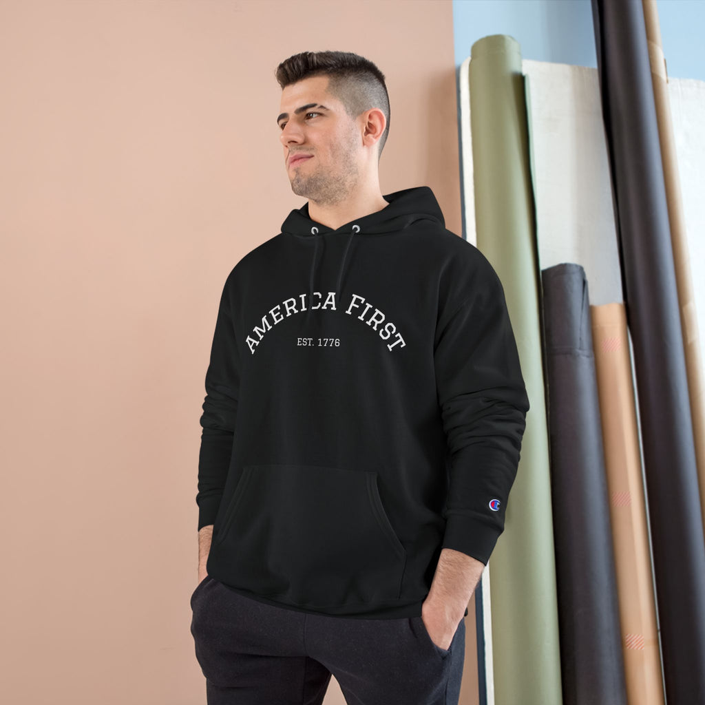 America First Hoodie — White Champion-Style Pullover