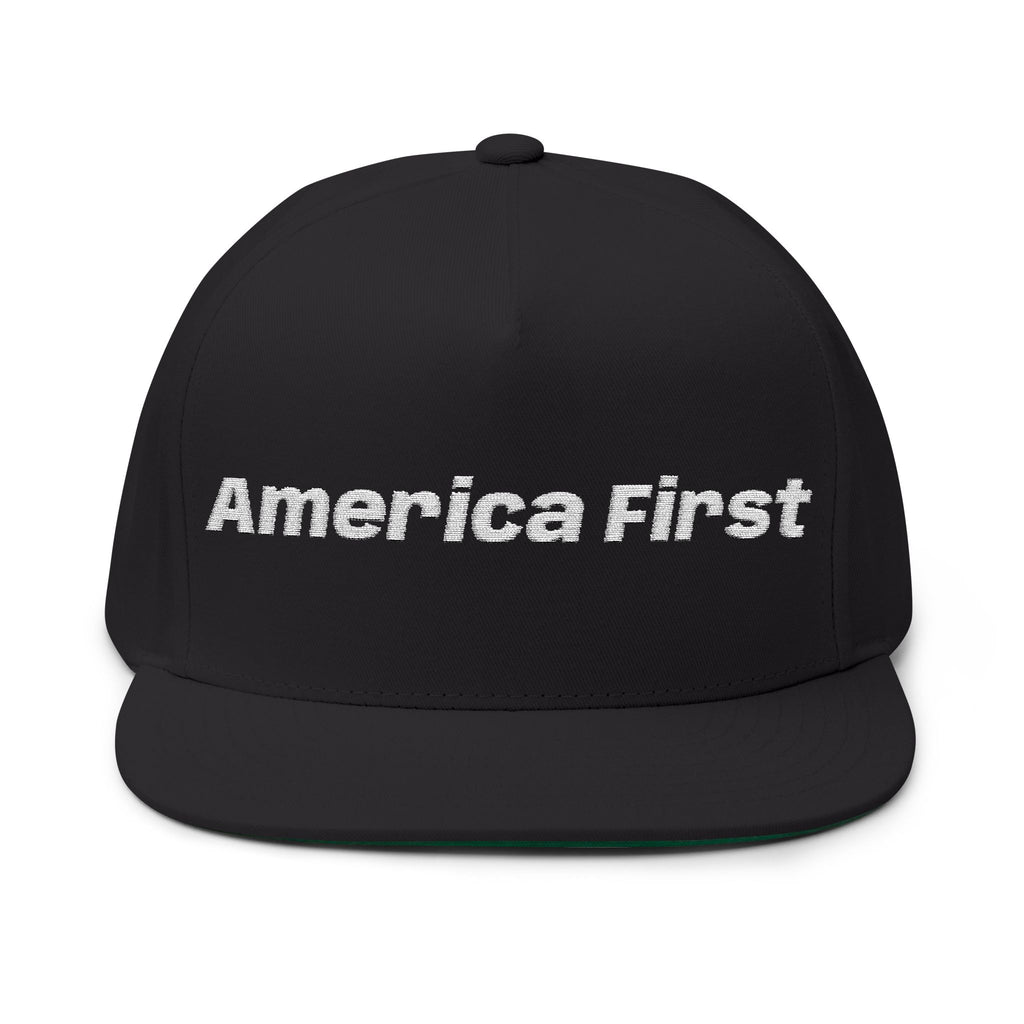 Flat Bill Cap — "America First" Embroidered Patriotic Snapback